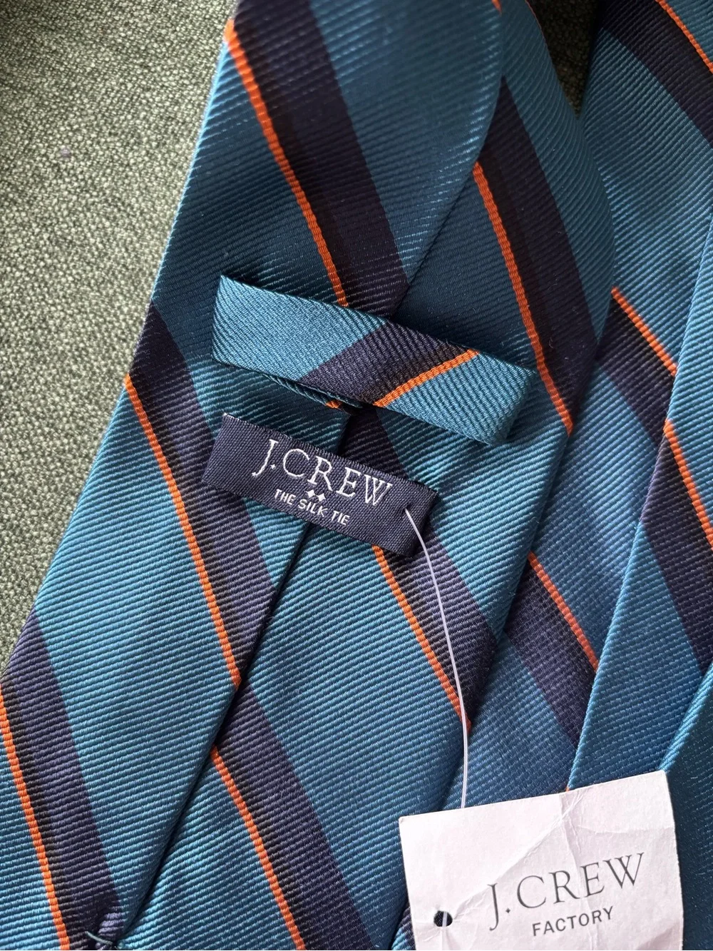 J. Crew Blue Navy and Orange Diagonal Stripe Silk Tie